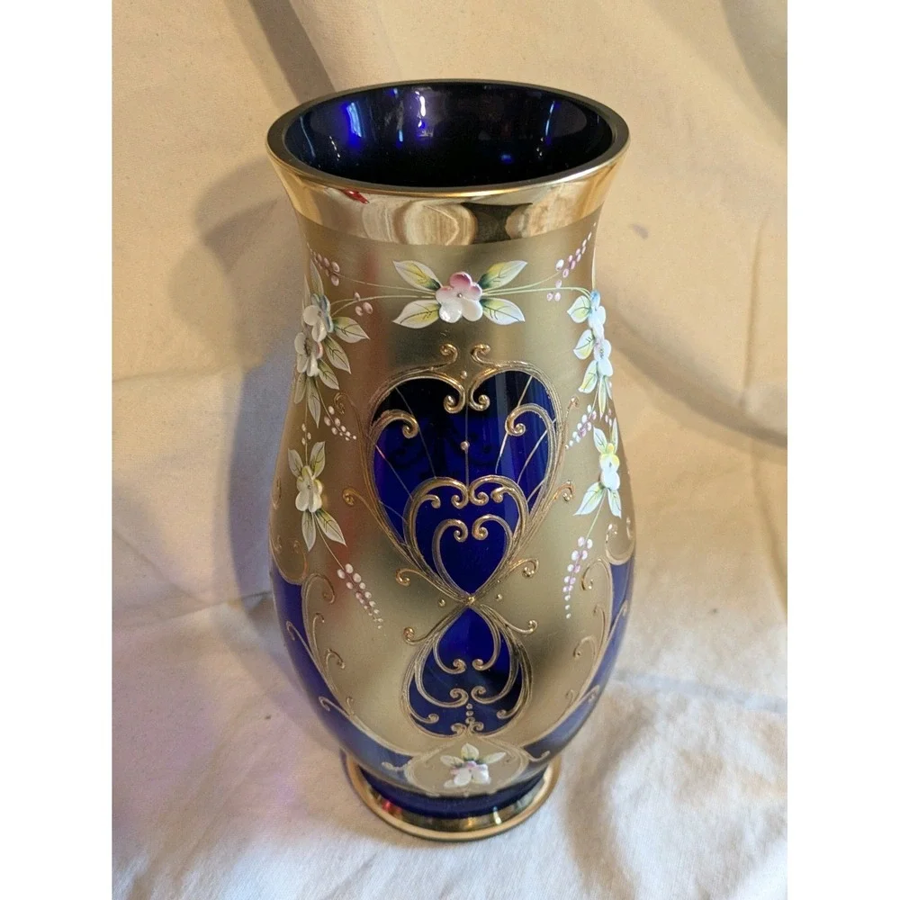 Vintage Cobalt Blue Bohemian Czech Crystal Vase Flowers 24kt Gold 10 in Tall
